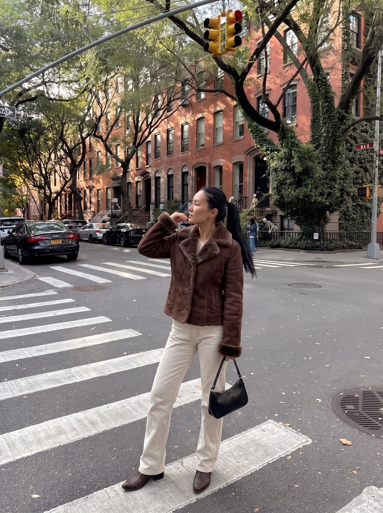 Woman in Chocolate Suede Jacket on West Village Street