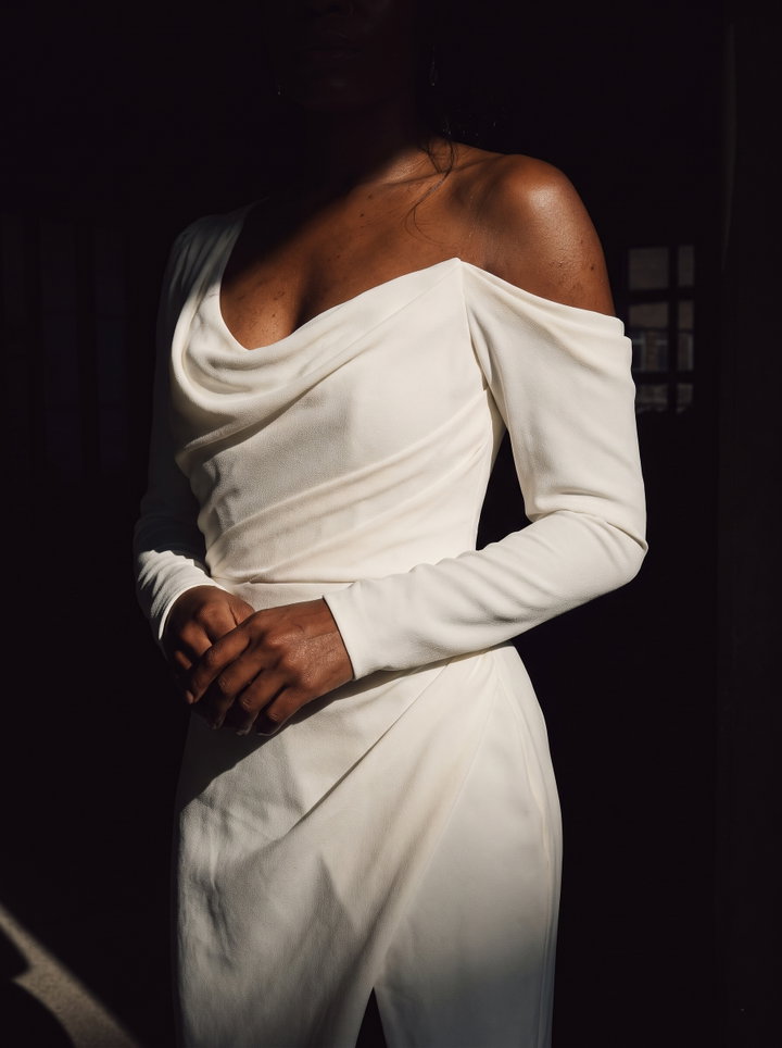 Bride in Matte Ivory Crepe Gown