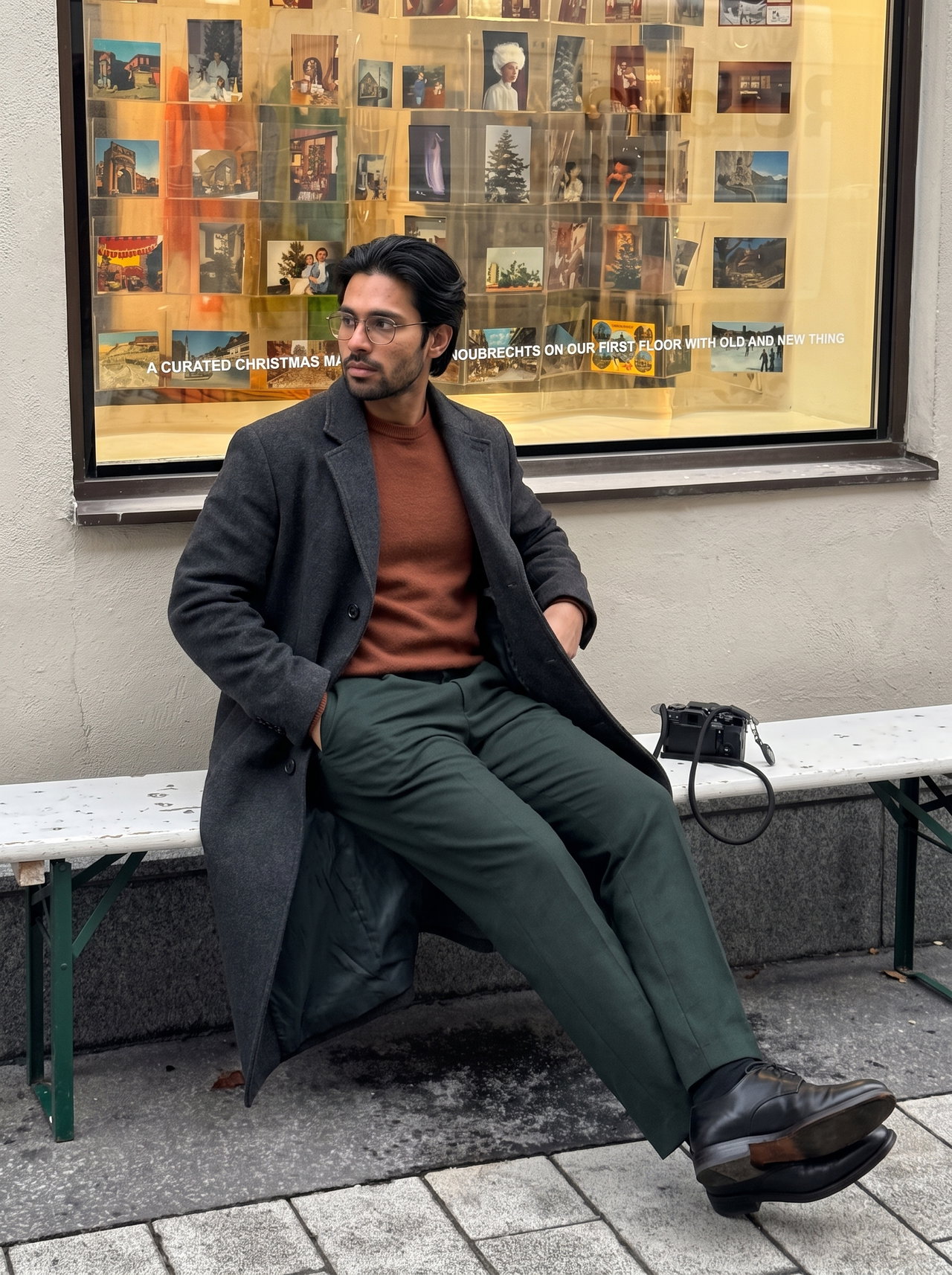 Stylish Man in Charcoal Overcoat and Rust Crewneck