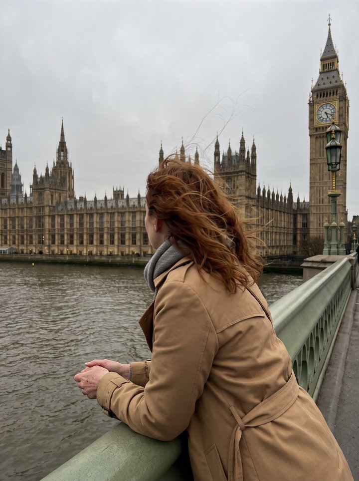Woman in Camel Trench Coat on Westminster Bridge