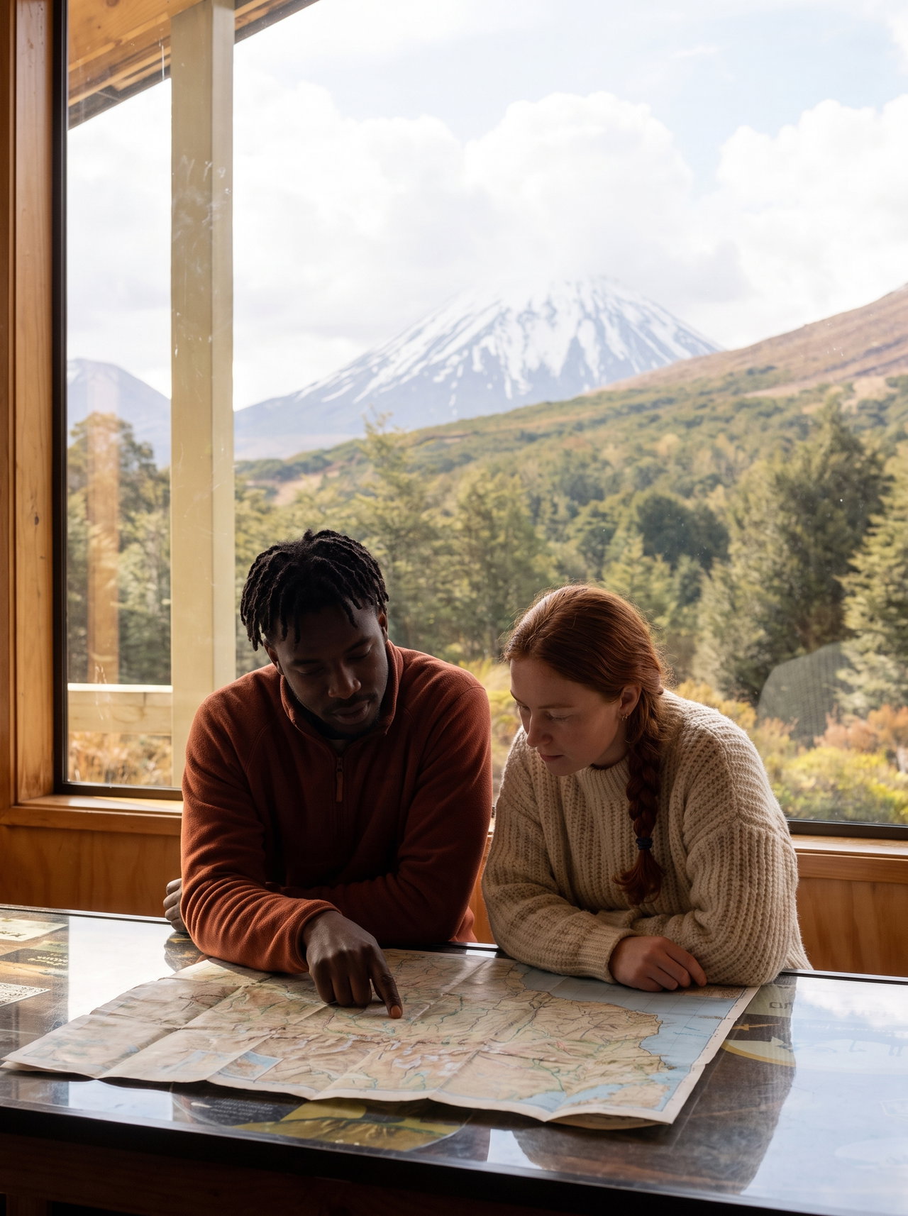Couple Planning Hike with Map in Mountain Hut