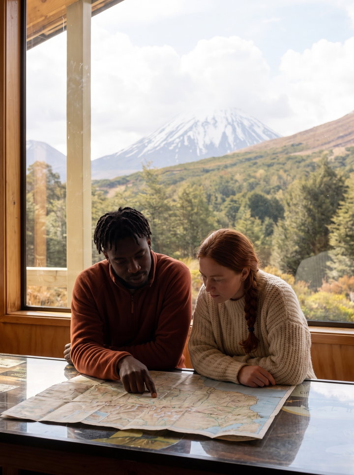 Couple Planning Hike with Map in Mountain Hut