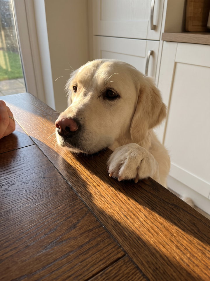Golden Retriever Resting on Dark Oak Table