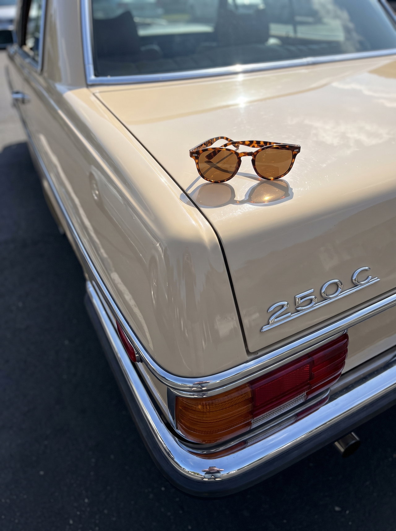 Sunglasses on Beige Vintage Mercedes Trunk