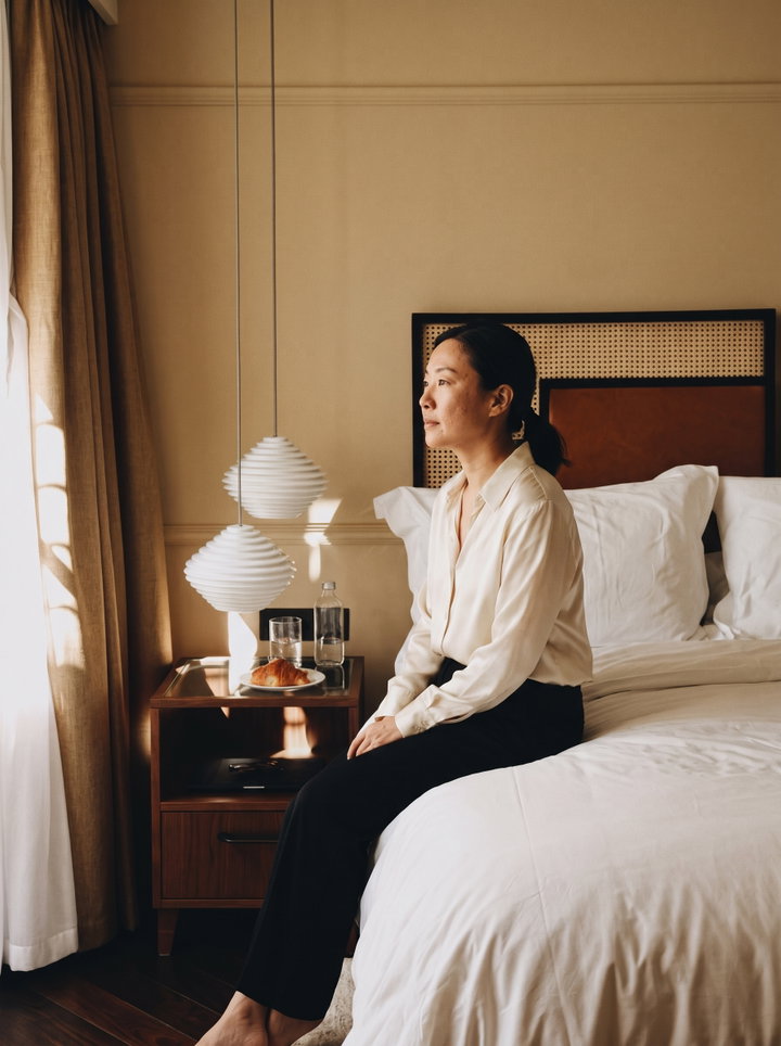 Woman Sitting on Hotel Bed in Morning Light