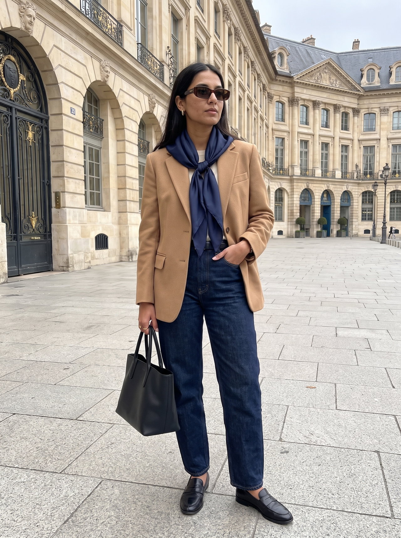 Stylish Woman in Camel Blazer and Barrel Jeans in Paris