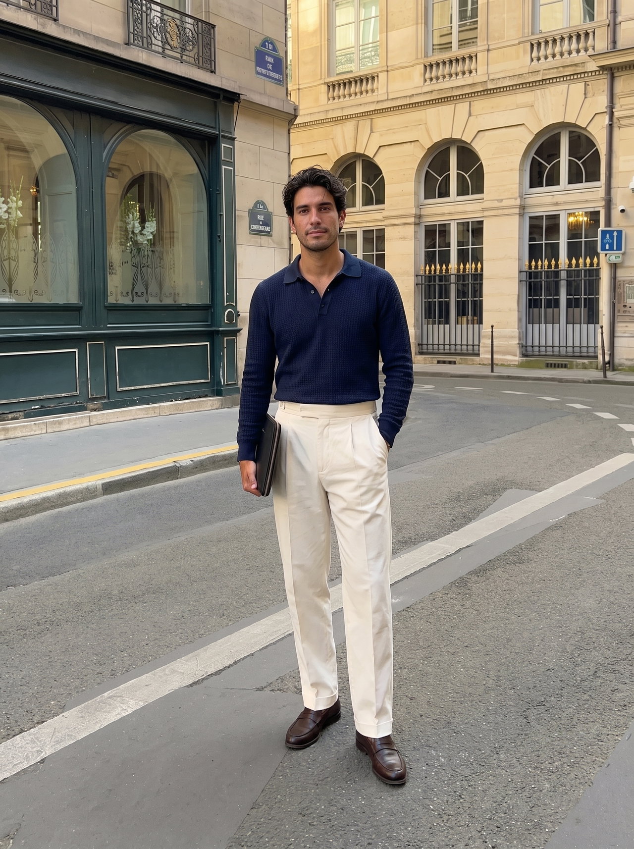 Man in Navy Knit Polo and Cream Trousers on Paris Street