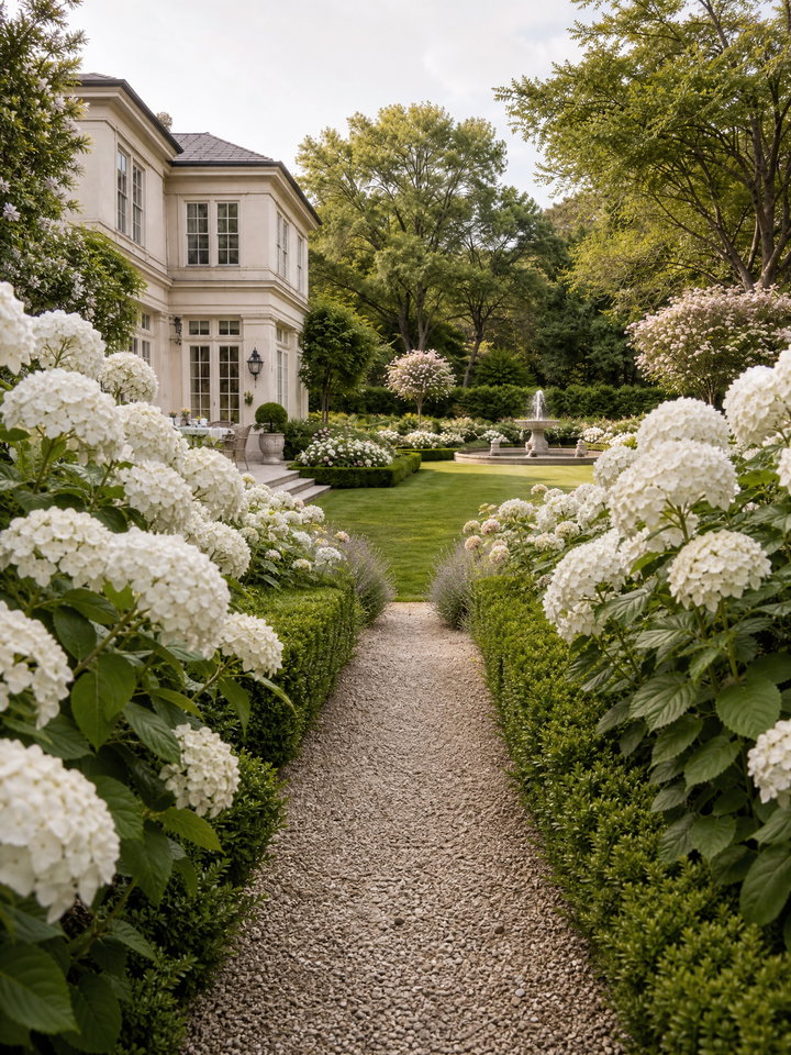 Gravel Pathway Flanked by White Hydrangeas