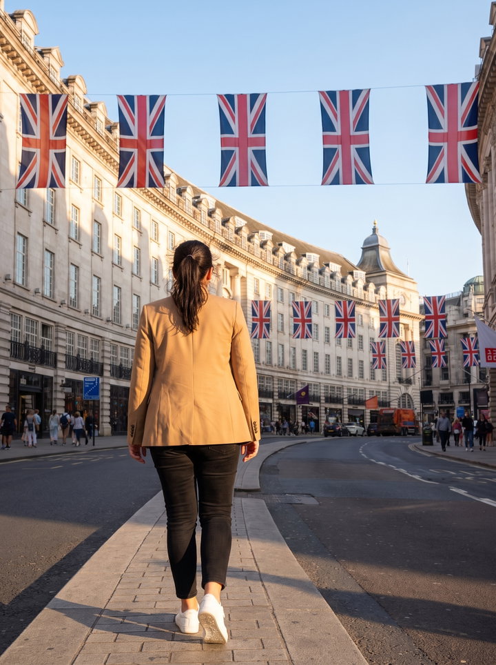 Woman Walking Down Regent Street Under Union Jack Flags