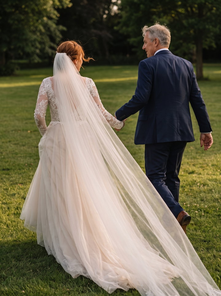Bride and Groom Walking on Lawn