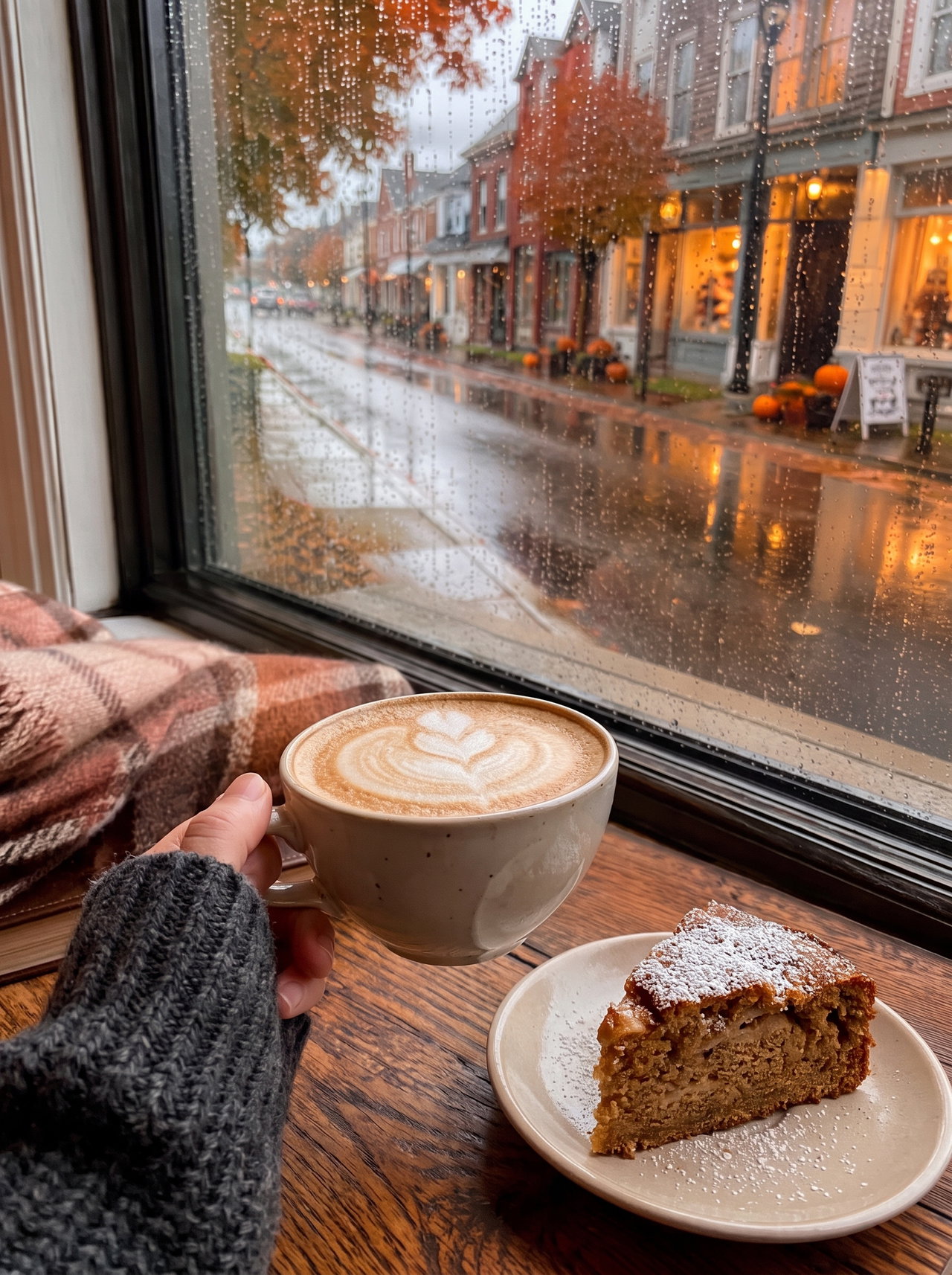 Cappuccino and Apple Cake by Rainy Cafe Window