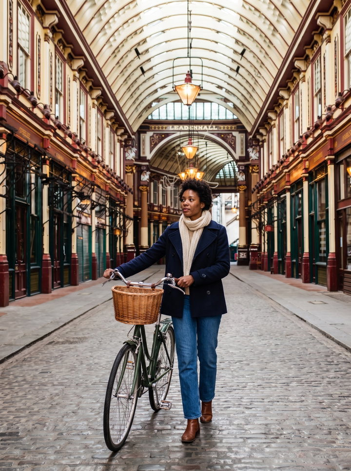 Woman Walking Bicycle in Leadenhall Market