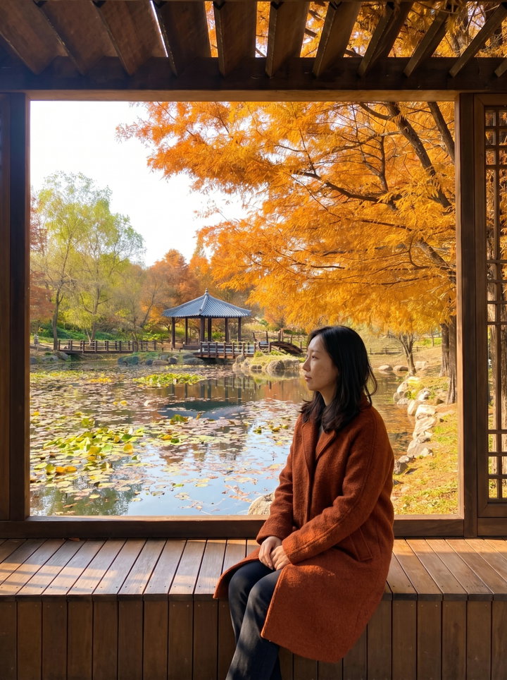 Woman in Rust Coat by Autumn Pond