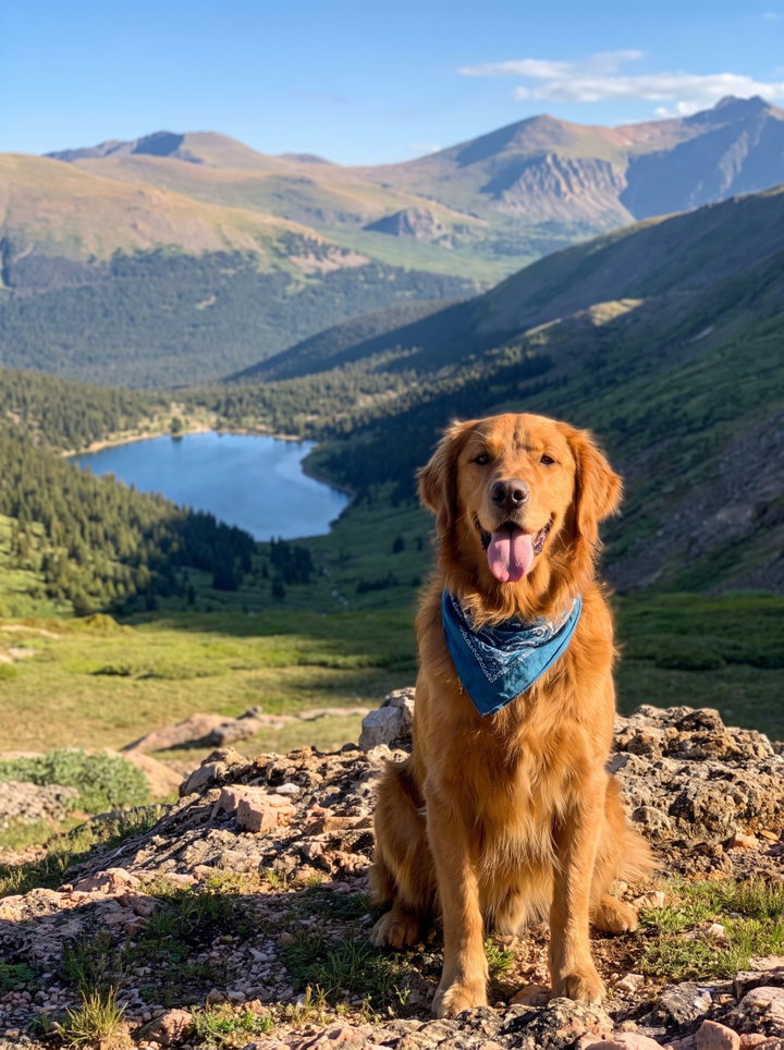 Golden Retriever on Rocky Outcrop Above Mountain Lake