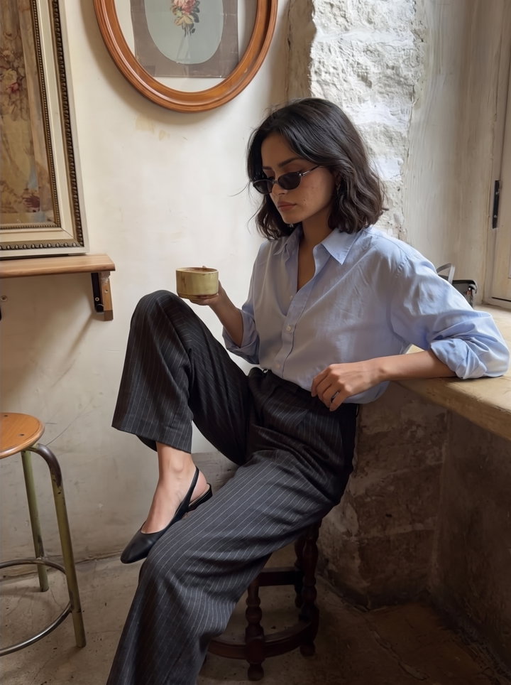 Woman in Pale Blue Shirt at Stone Bar Counter