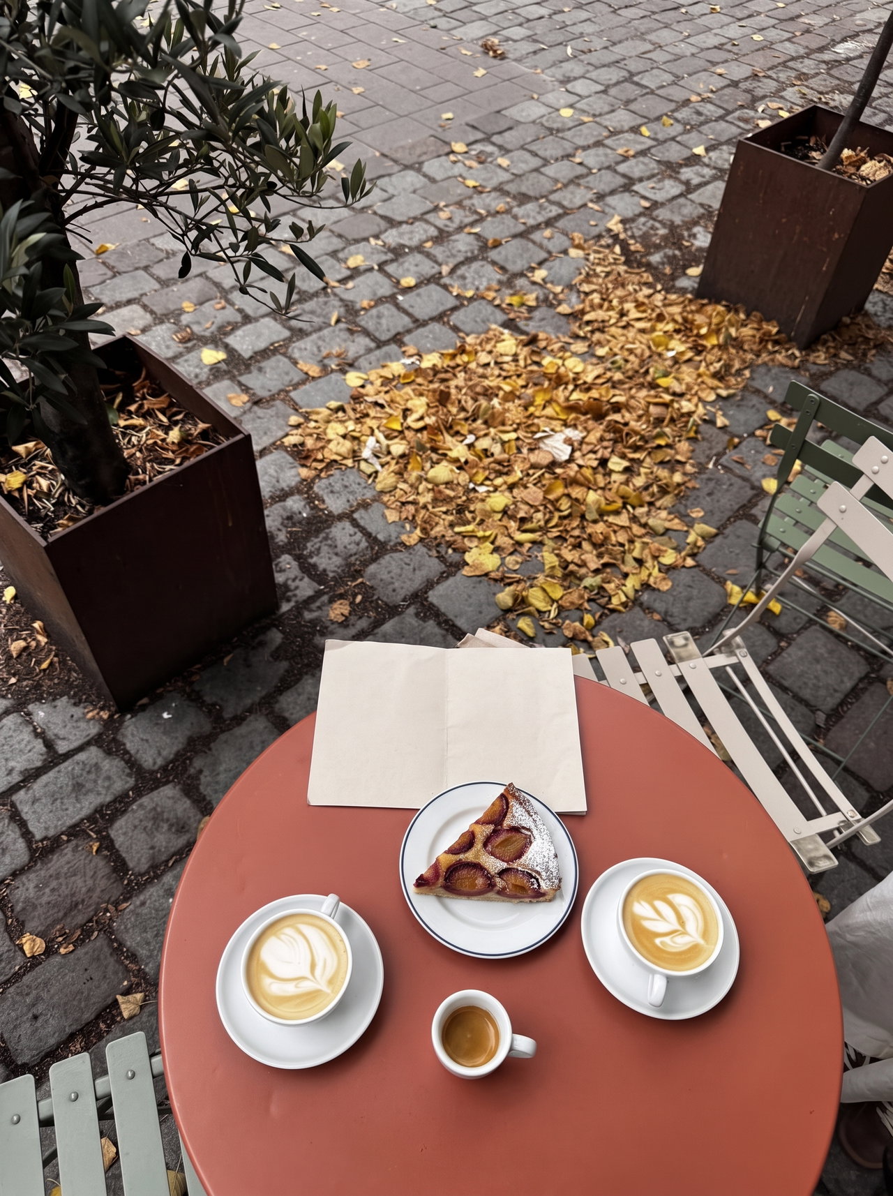 Coffee and Plum Tart on Terracotta Table