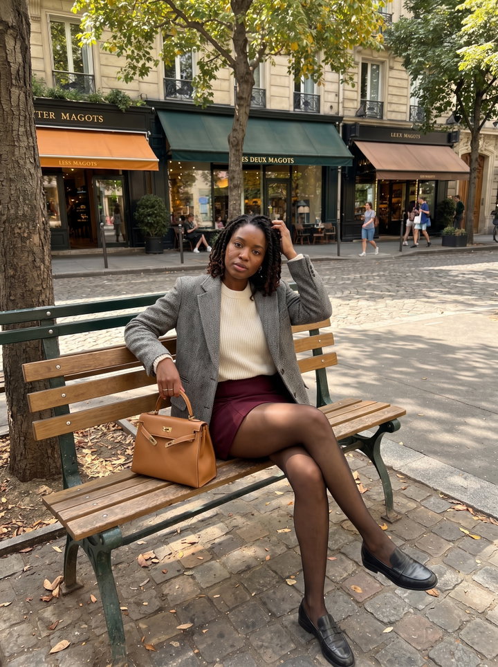Woman in Tweed Blazer and Mini Skirt on Park Bench