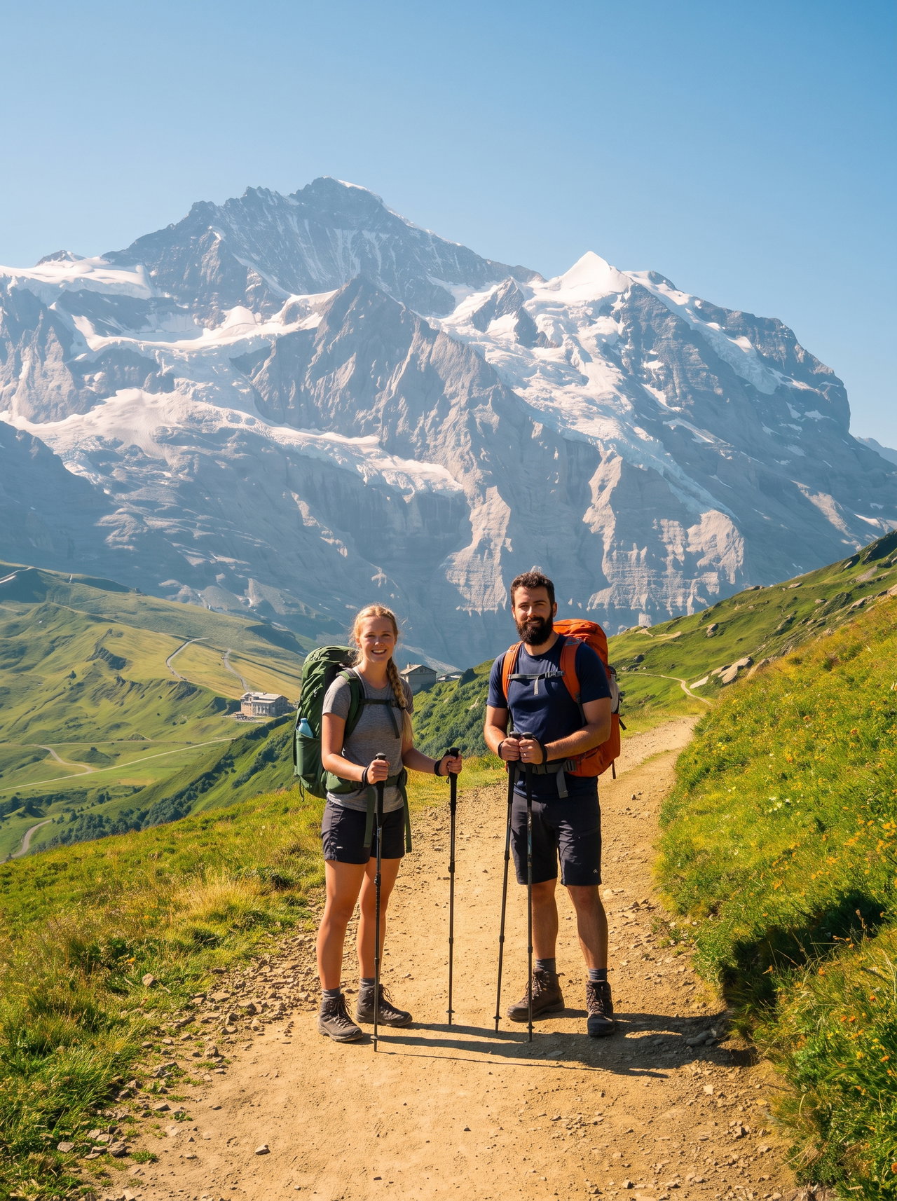 Hikers on Trail in Swiss Alps