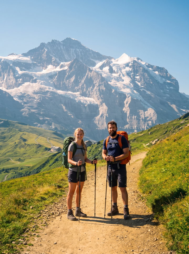 Hikers on Trail in Swiss Alps