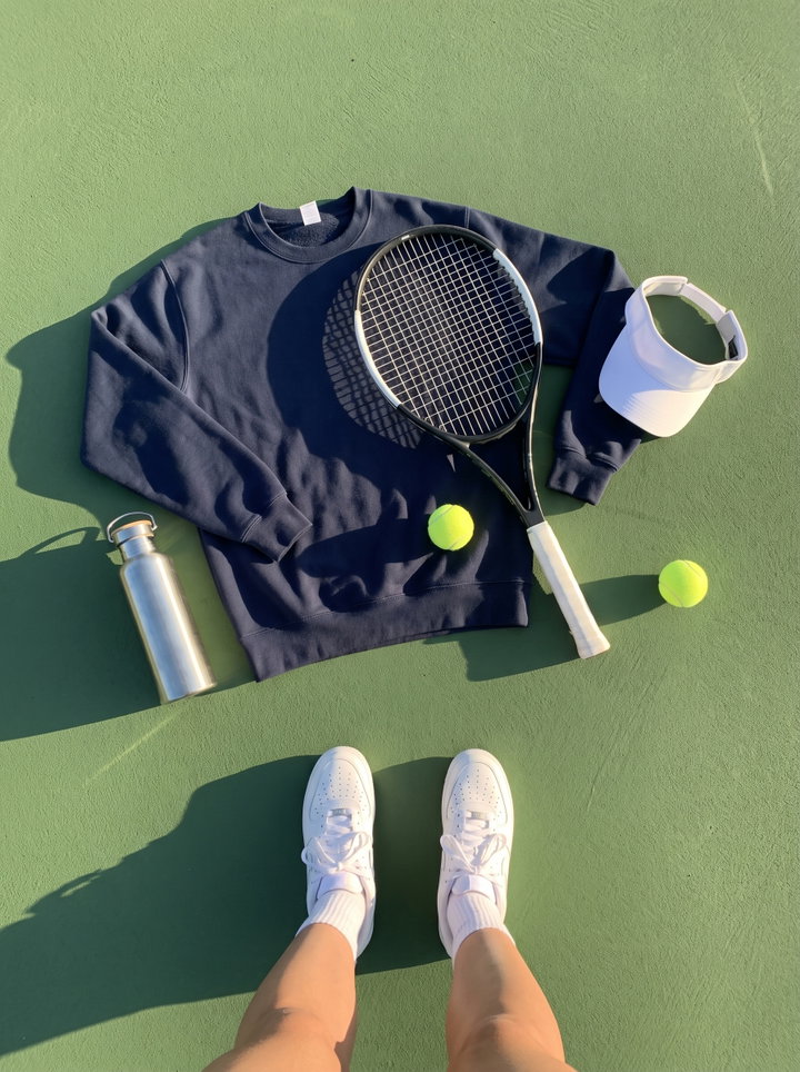 Tennis Gear Flat Lay on Green Court