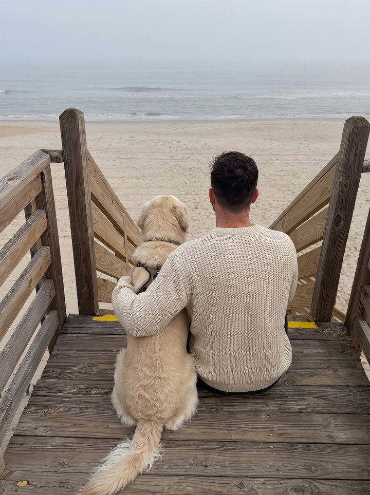 Man and Golden Retriever at Beach Steps