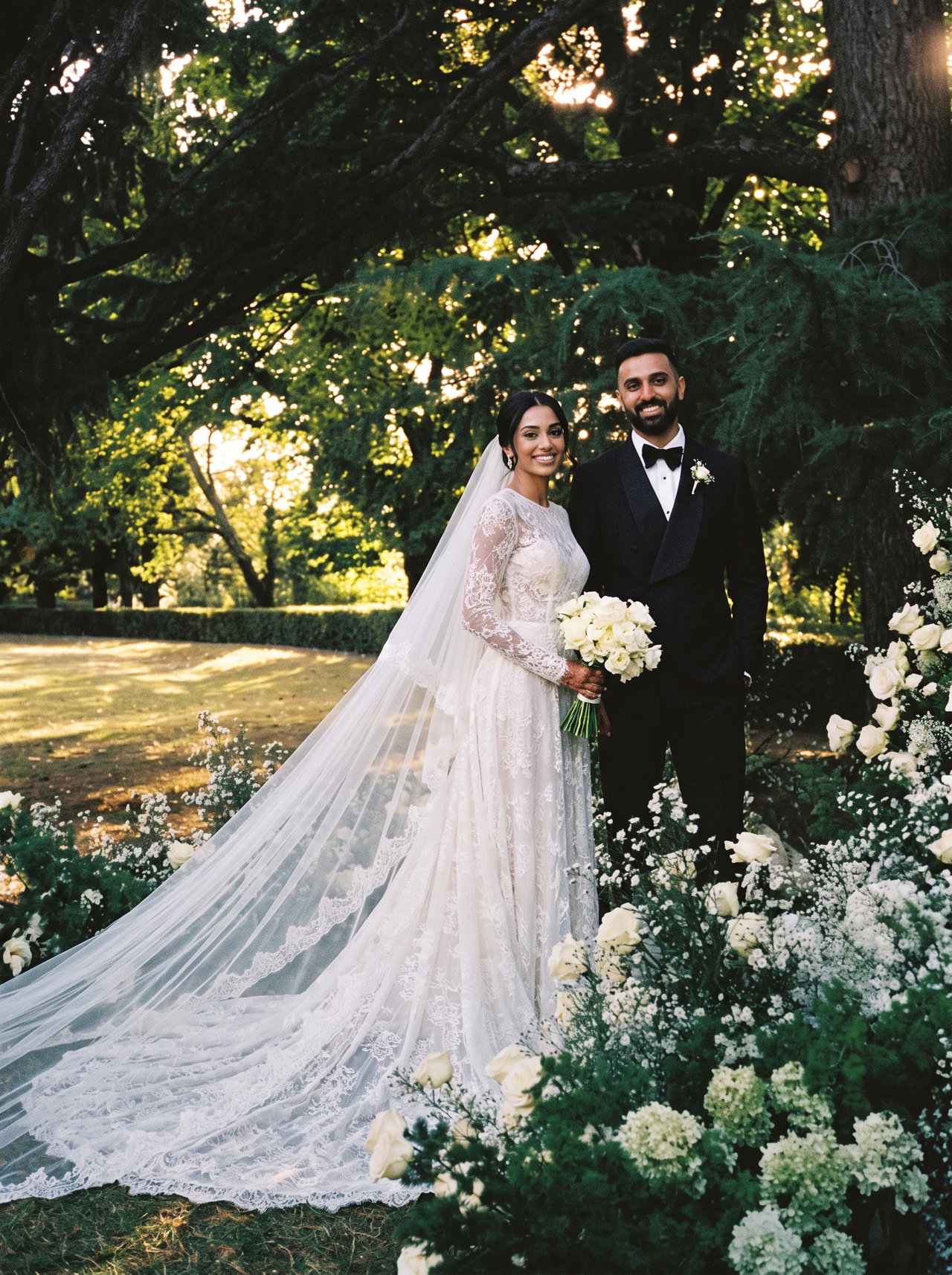 Bride and Groom in Garden with Cathedral Veil