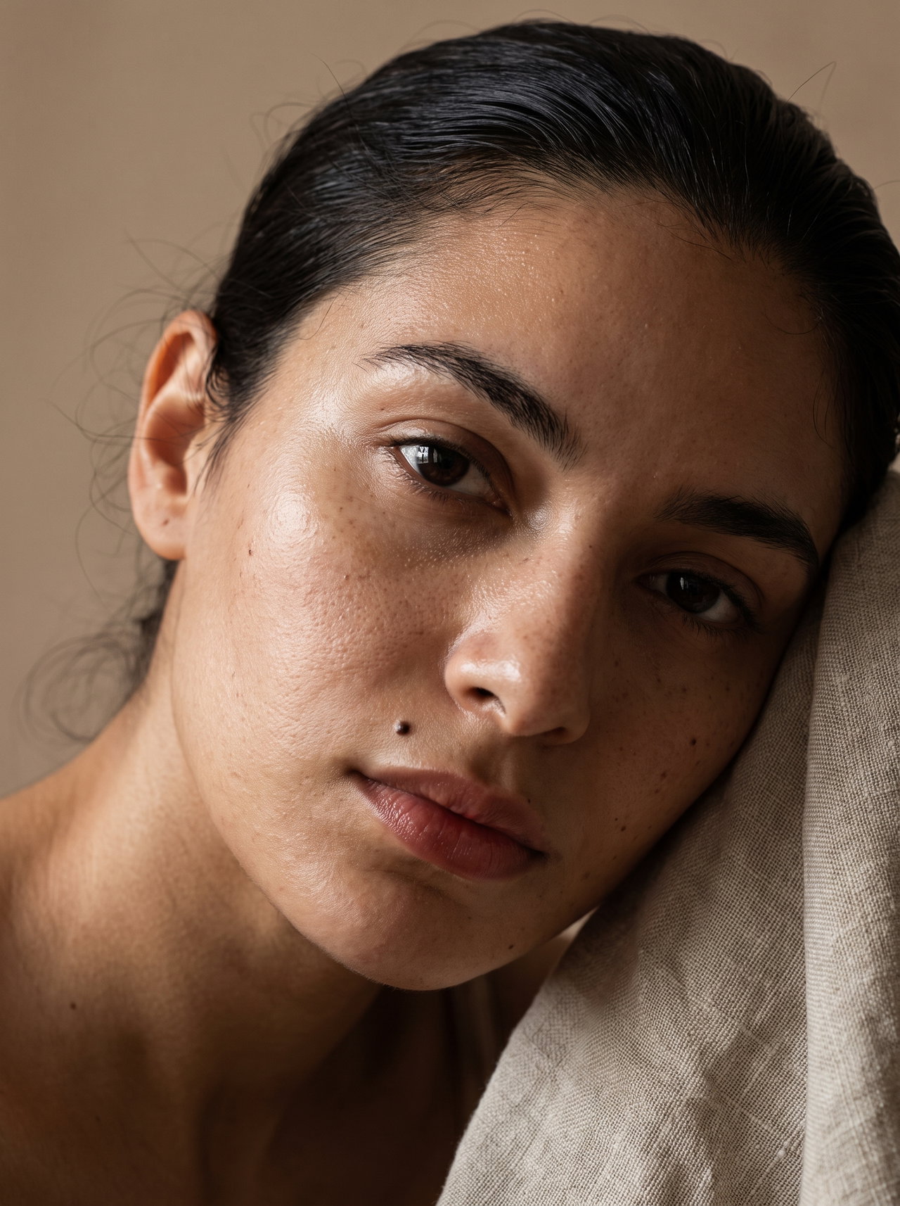 Close-Up of Woman with Dewy Skin and Freckles
