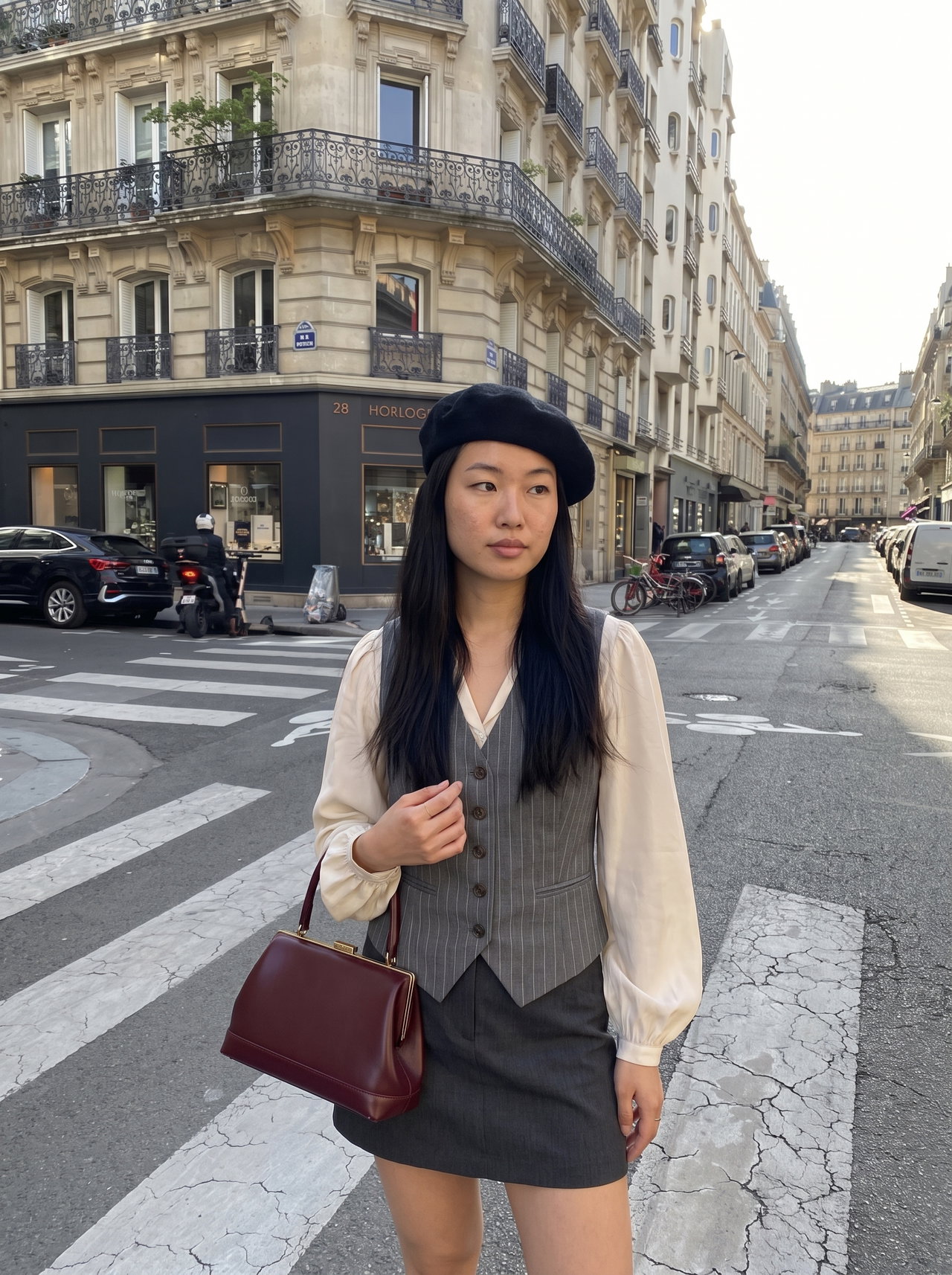 Fashionable Woman in Beret and Waistcoat in Paris