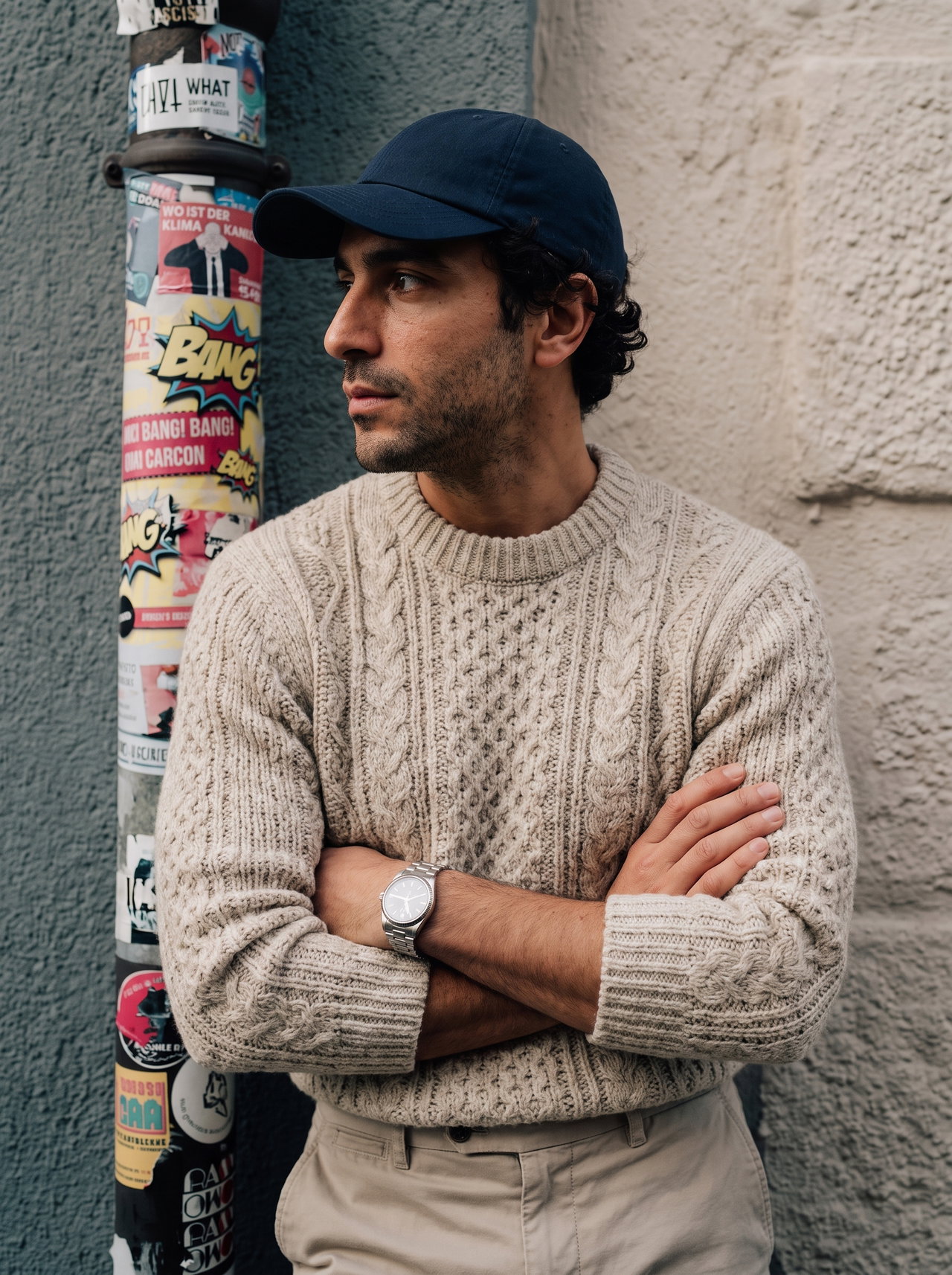 Man in Chunky Knit Sweater and Baseball Cap