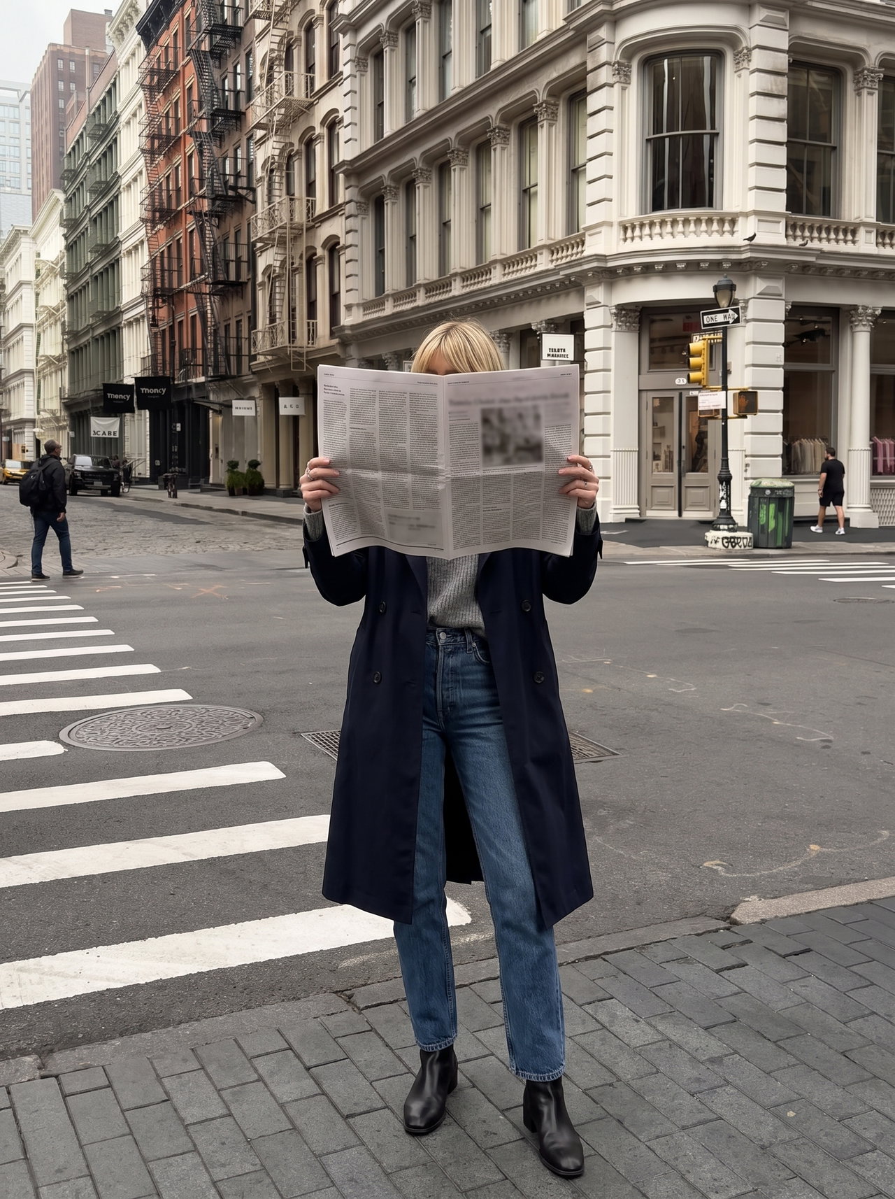Woman Reading Newspaper on SoHo Crosswalk