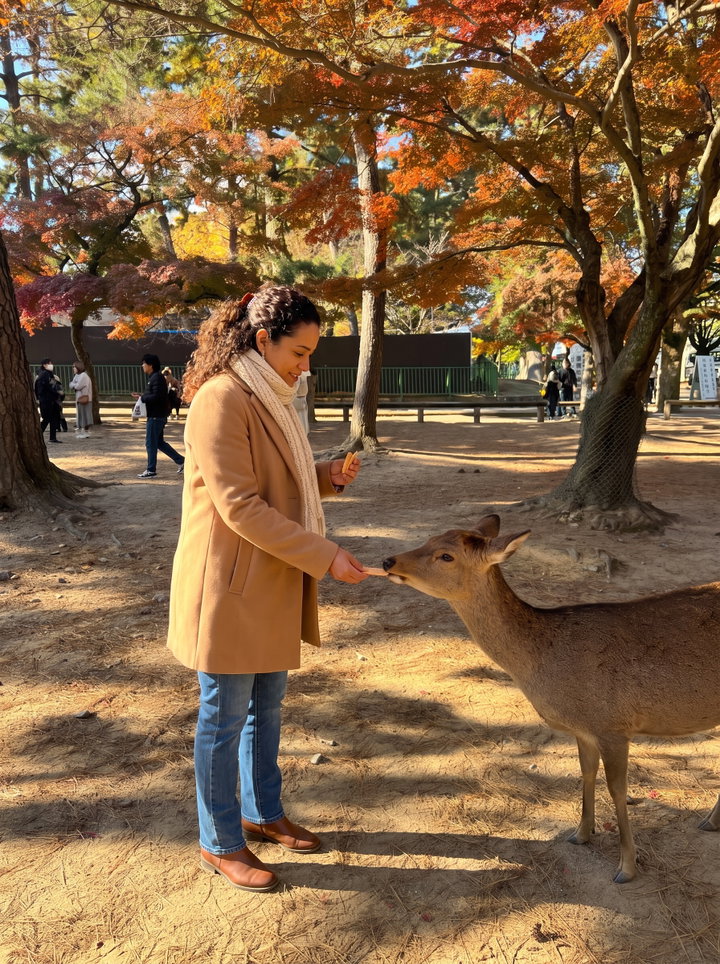 Feeding Deer in Nara Park During Autumn