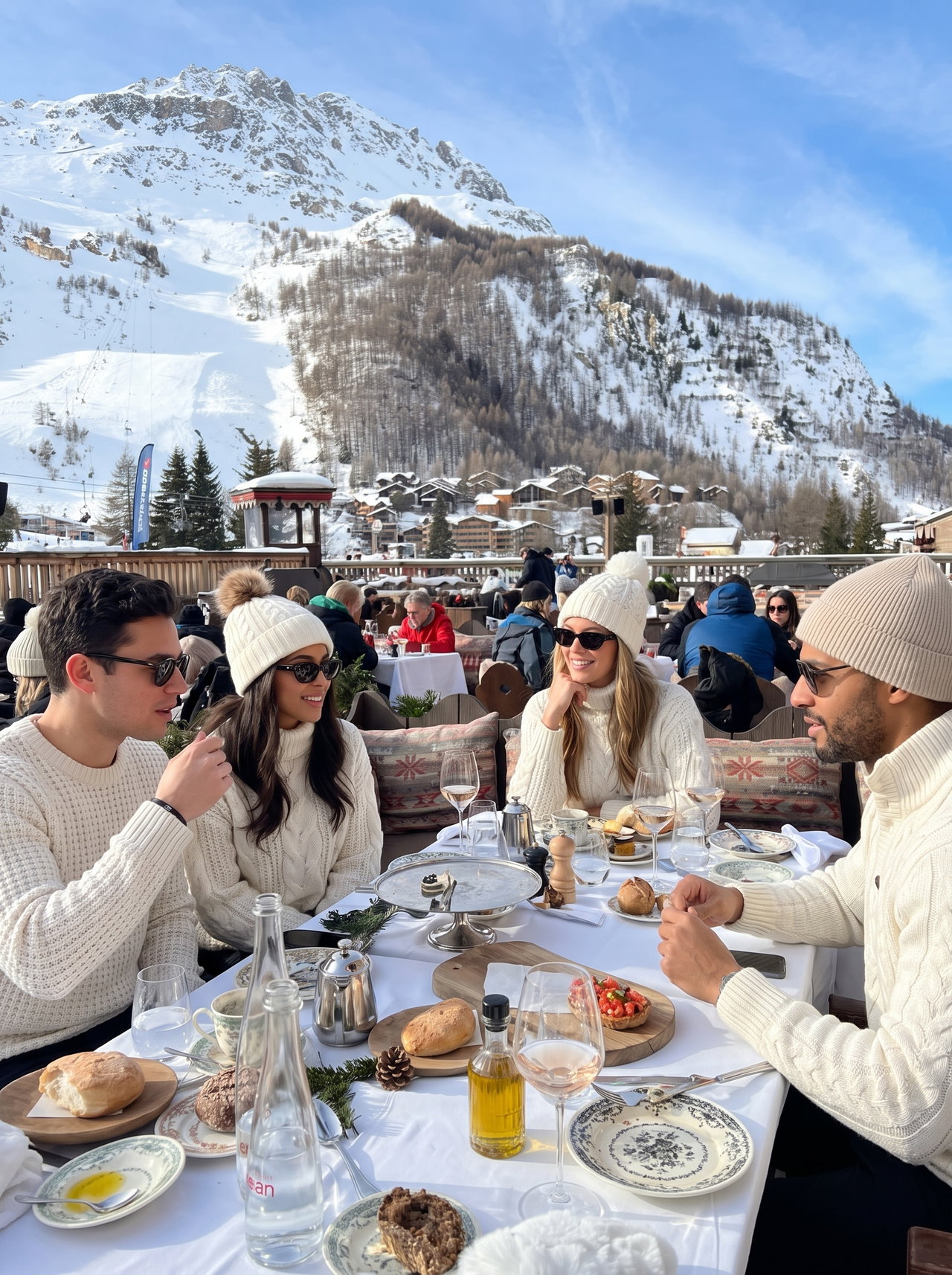 Group Lunch on Snowy Terrace in the Alps