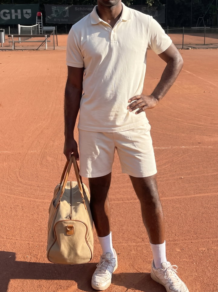 Tennis Player in Cream Outfit on Clay Court