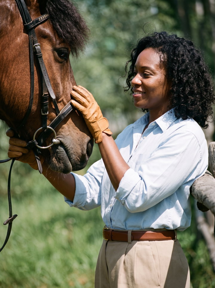 Smiling Woman with Horse at Stables