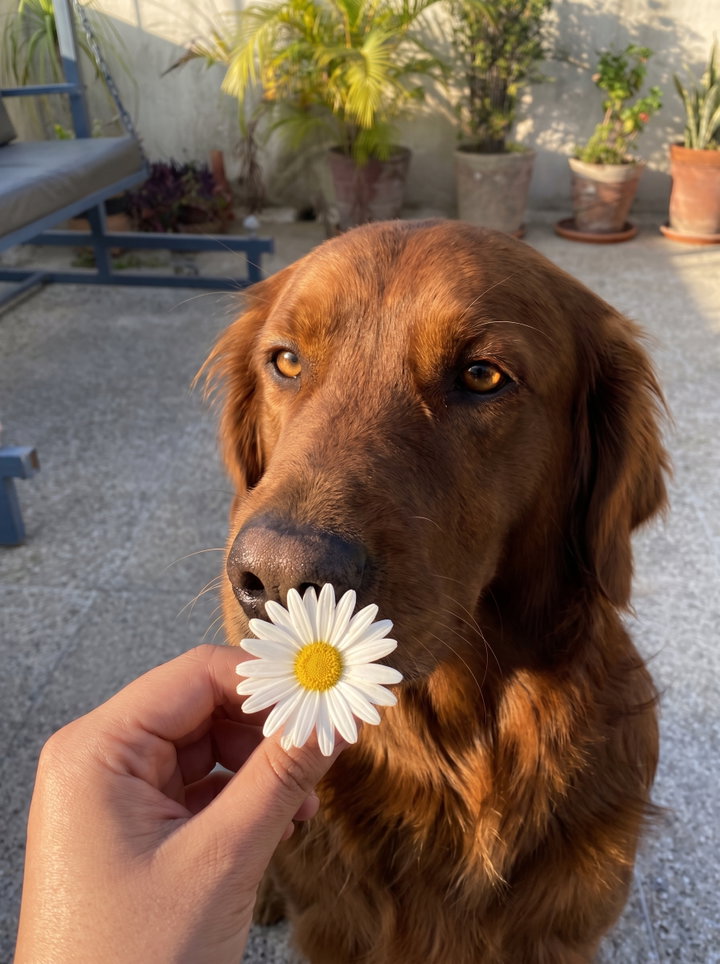 Golden Retriever Sniffing a Daisy