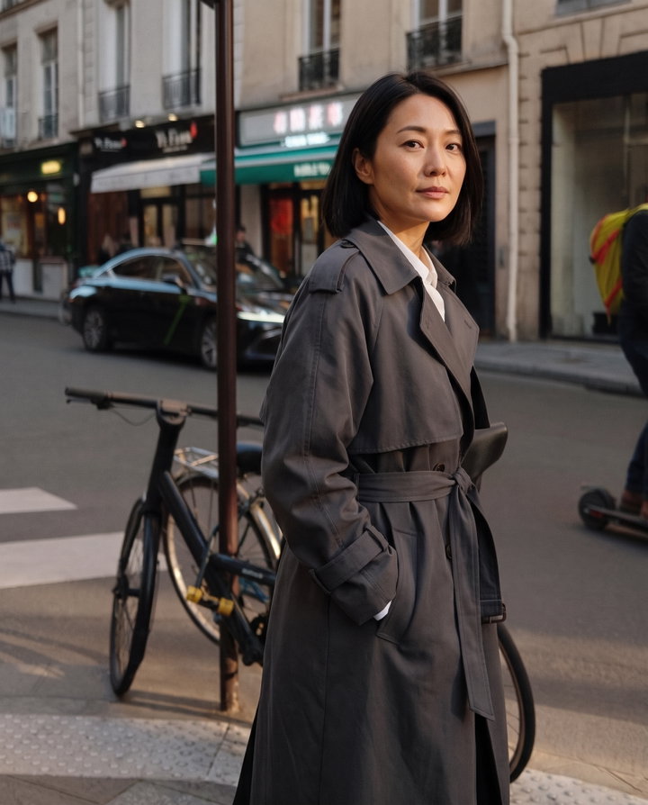 Woman in Charcoal Trench Coat on City Street
