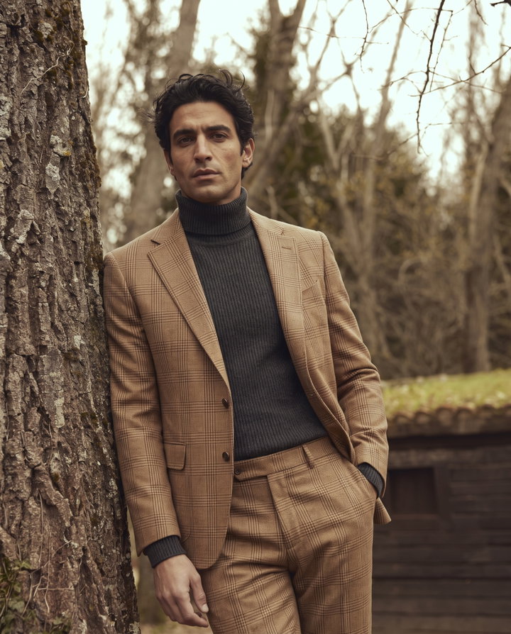 Stylish Man in Camel Checked Suit