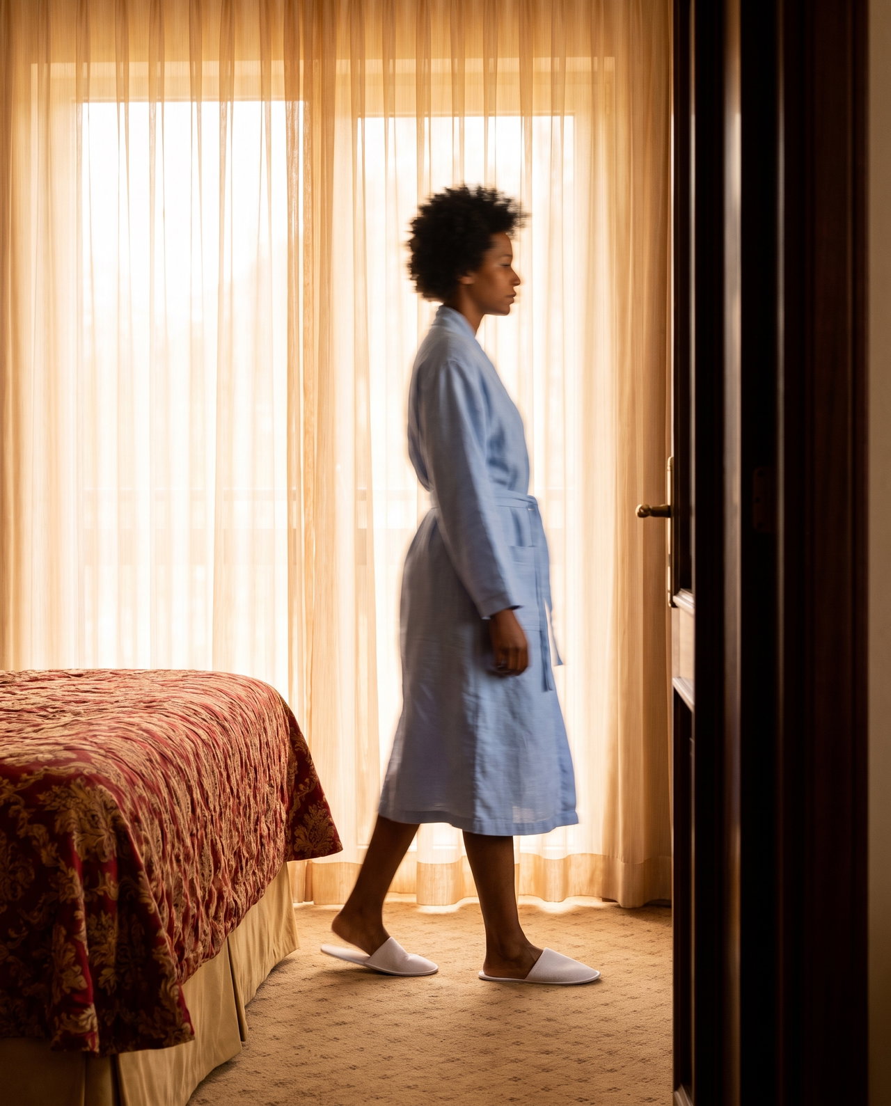 Woman in Pale Blue Robe Walking by Curtains