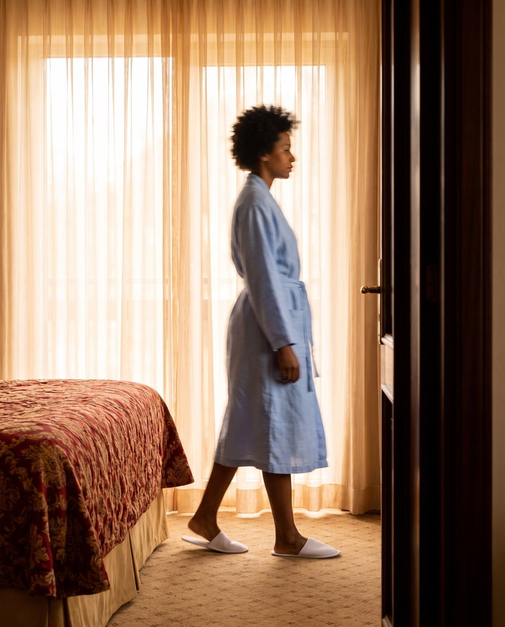 Woman in Pale Blue Robe Walking by Curtains
