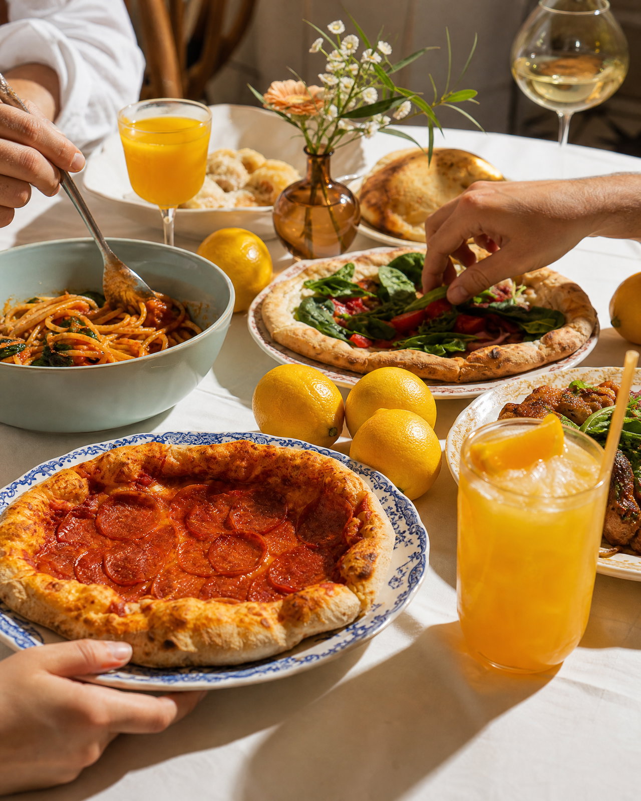 Lively Italian Lunch with Pizza and Pasta